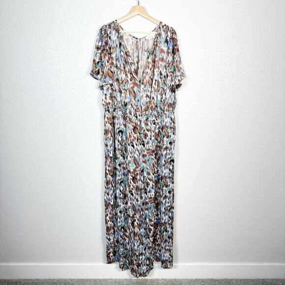 Anthropologie Women’s Somerset Satin Wide Leg Jumpsuit Abstract Blue Brown 2X - Picture 2 of 16